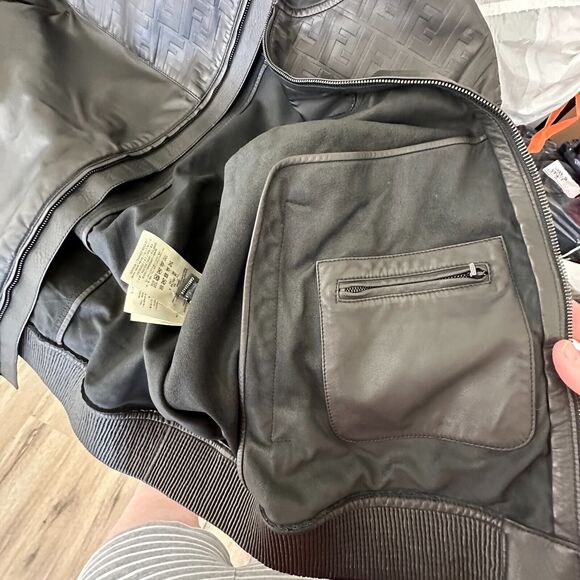 Fendi Black Soft Leather Fendi Embossed Monogram Front Long Sleeve Hooded Jacket - Picture 8 of 16